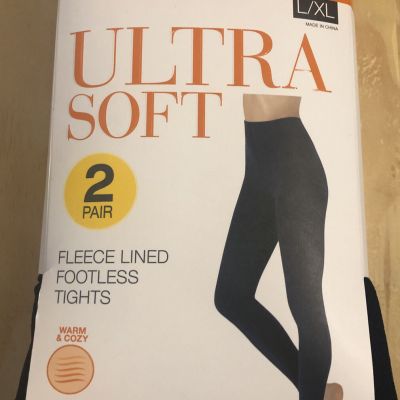 2 PACK WARNER'S ULTRA SOFT FLEECE LINED FOOTLESS TIGHTS L/XL DARK DENIM HEATHER